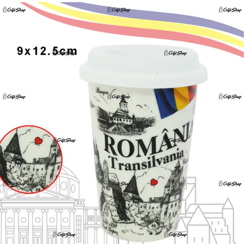 Cana suvenir cu capac, romania transilvania, 9x12.5cm